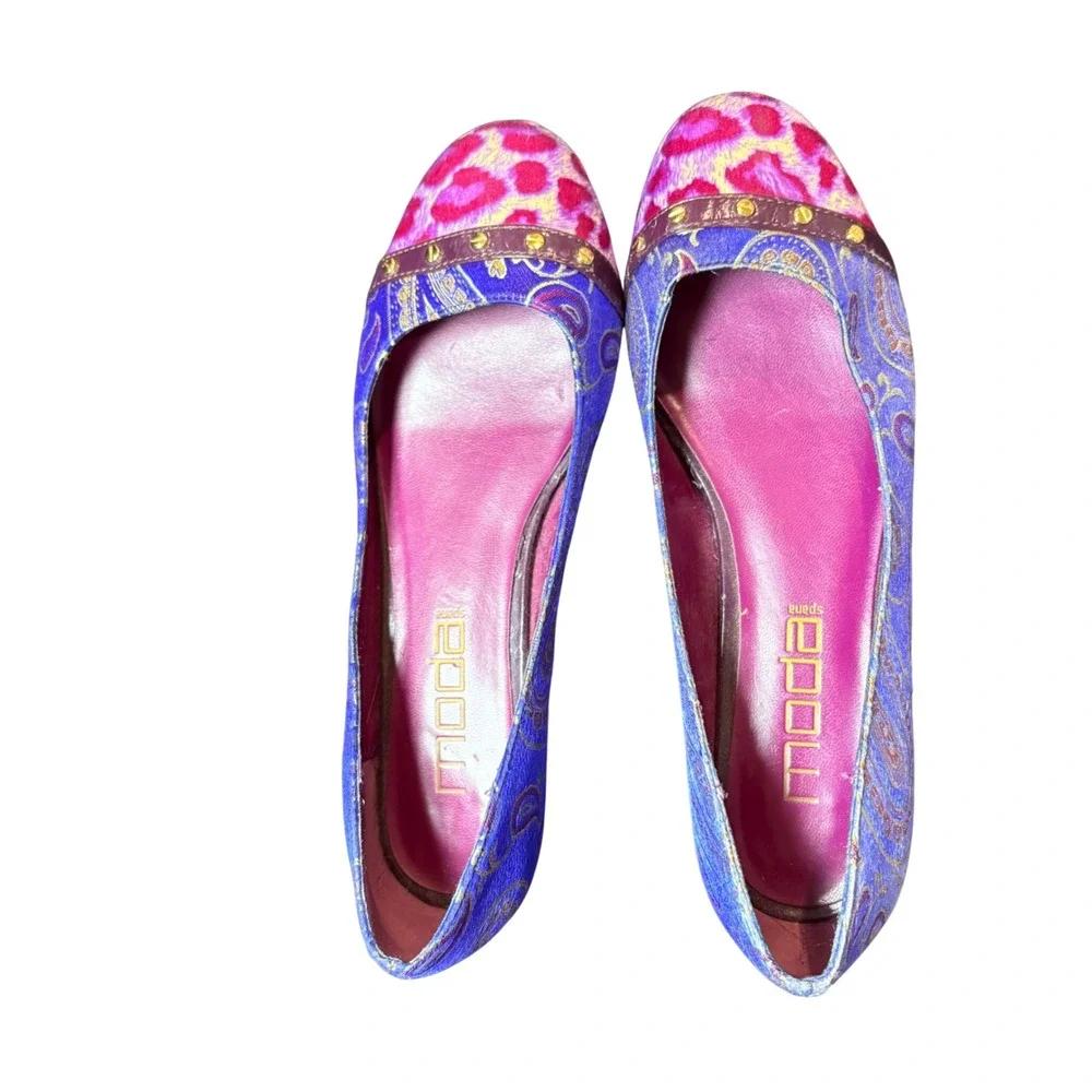 Moda Spana Women Blue Paisley Pink Leopard Calf Hair Studded Kitten Heels 6M